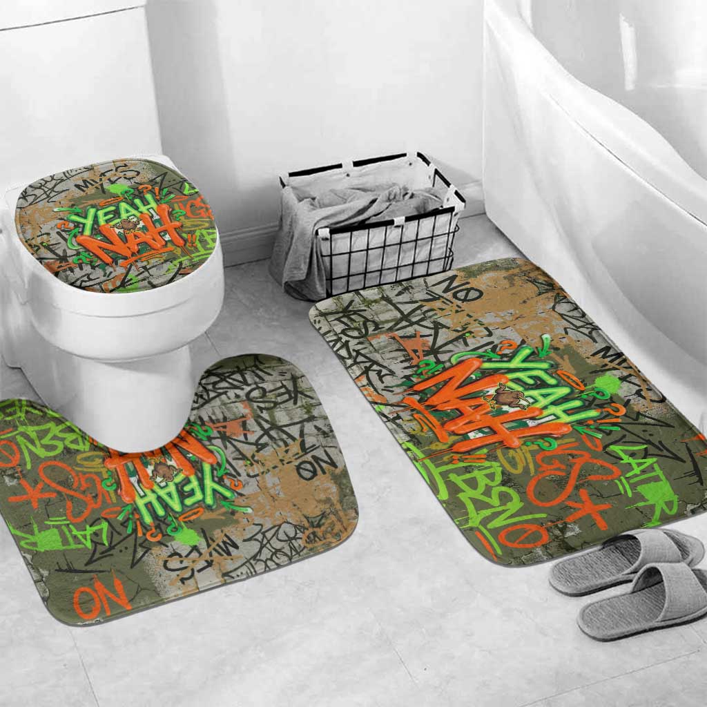 Yeah Nah Graffiti Skull New Zealand Slang Bathroom Set Kiwi Grunge Brick Wall and Bold Urban Street Art