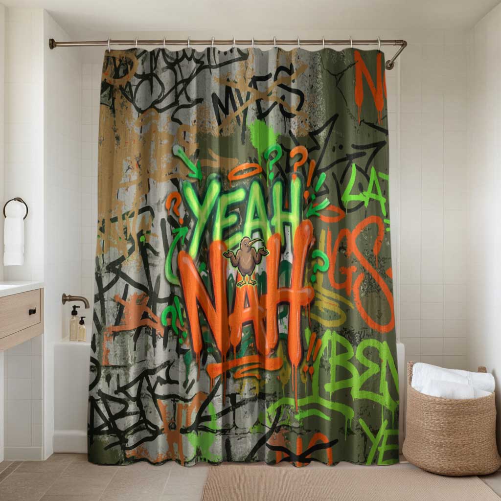 Yeah Nah Graffiti Skull New Zealand Slang Bathroom Set Kiwi Grunge Brick Wall and Bold Urban Street Art