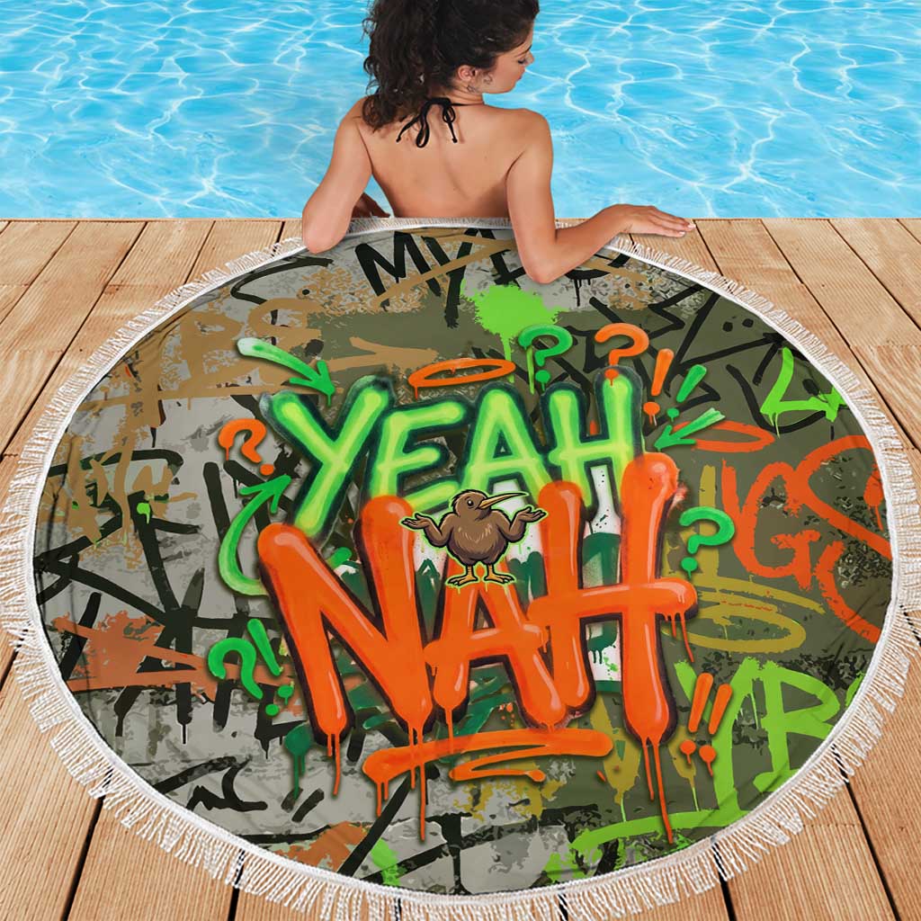 Yeah Nah Graffiti Skull New Zealand Slang Beach Blanket Kiwi Grunge Brick Wall and Bold Urban Street Art