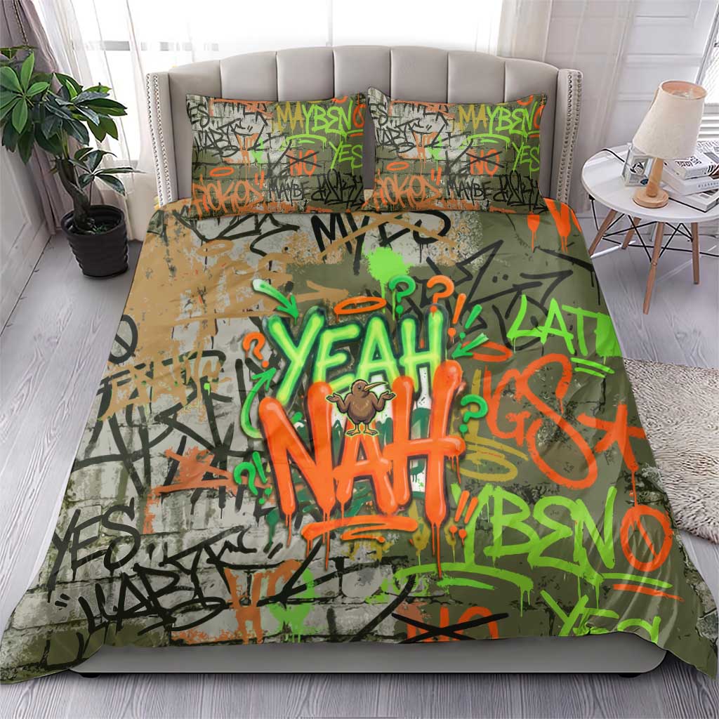 Yeah Nah Graffiti Skull New Zealand Slang Bedding Set Kiwi Grunge Brick Wall and Bold Urban Street Art