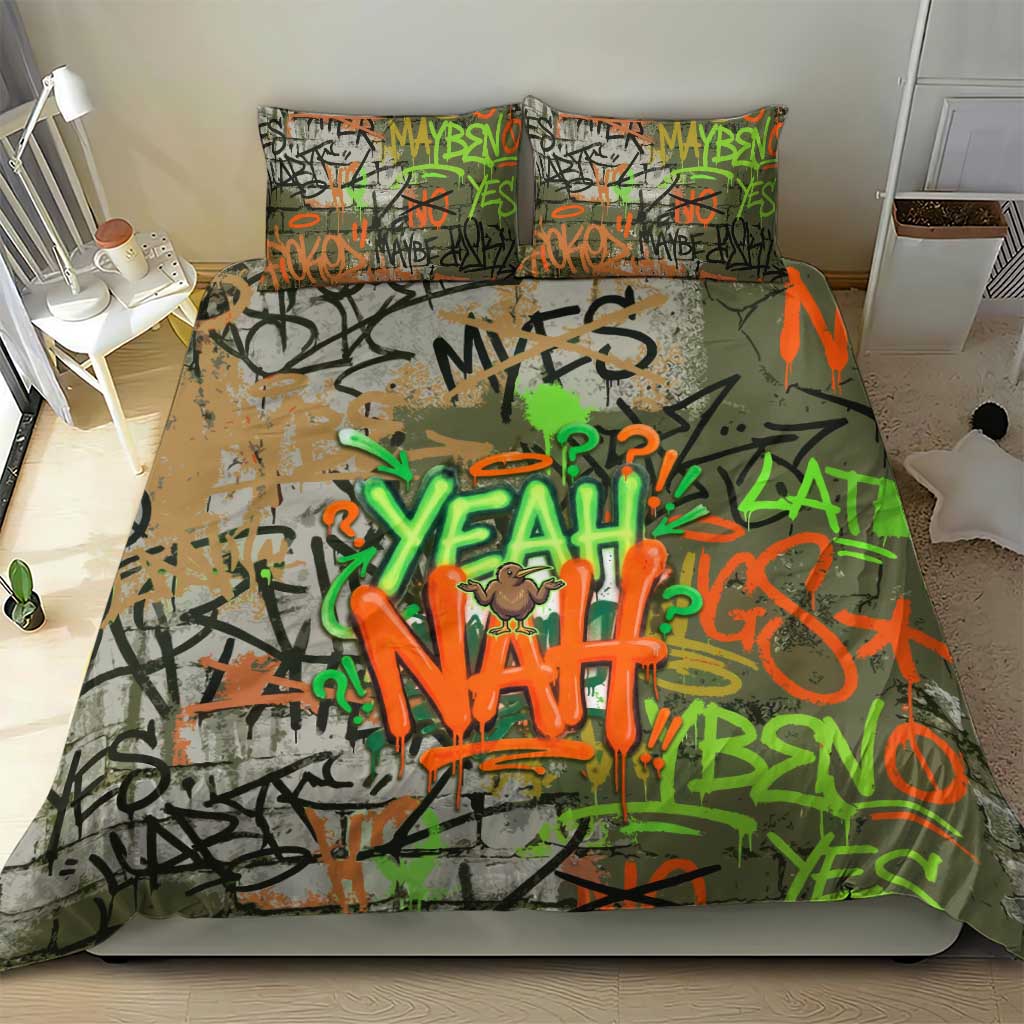Yeah Nah Graffiti Skull New Zealand Slang Bedding Set Kiwi Grunge Brick Wall and Bold Urban Street Art