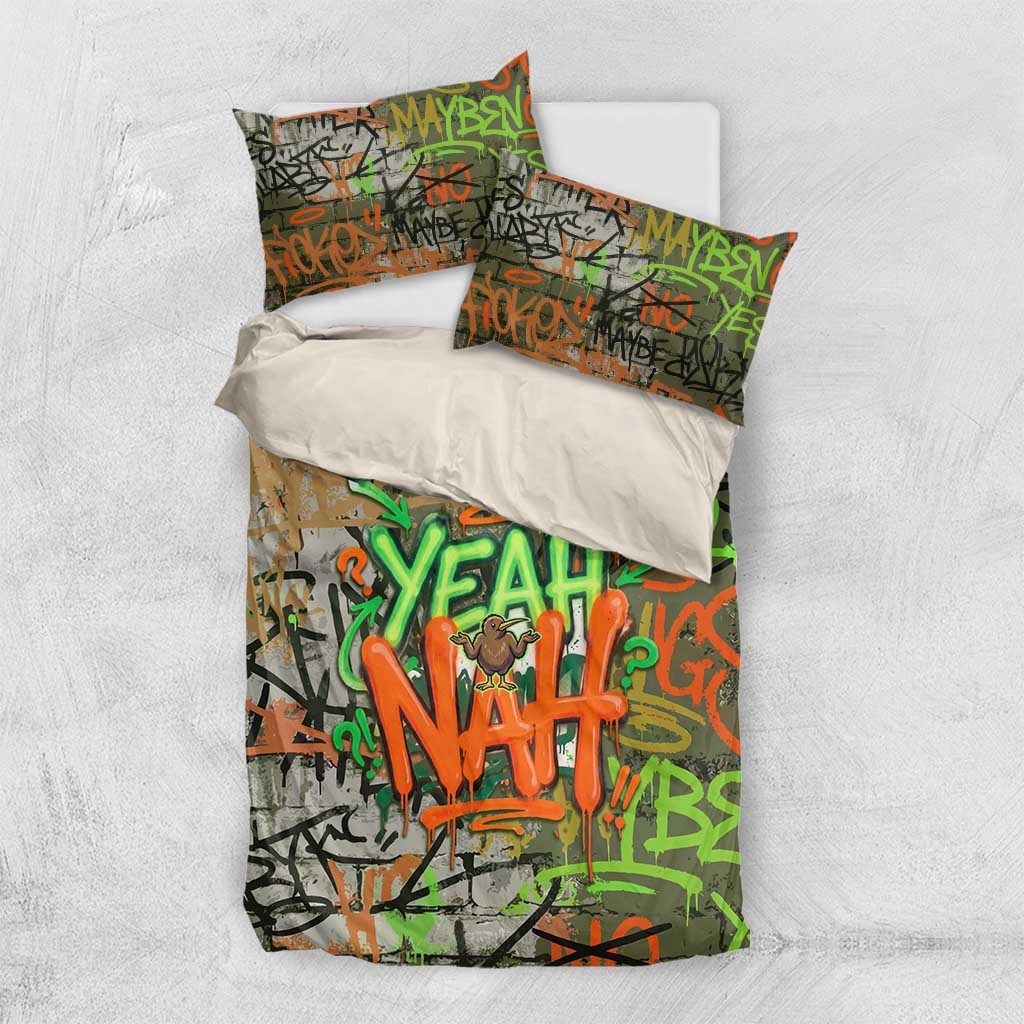 Yeah Nah Graffiti Skull New Zealand Slang Bedding Set Kiwi Grunge Brick Wall and Bold Urban Street Art