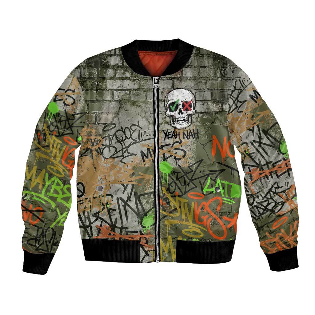 Yeah Nah Graffiti Skull New Zealand Slang Bomber Jacket Kiwi Grunge Brick Wall and Bold Urban Street Art