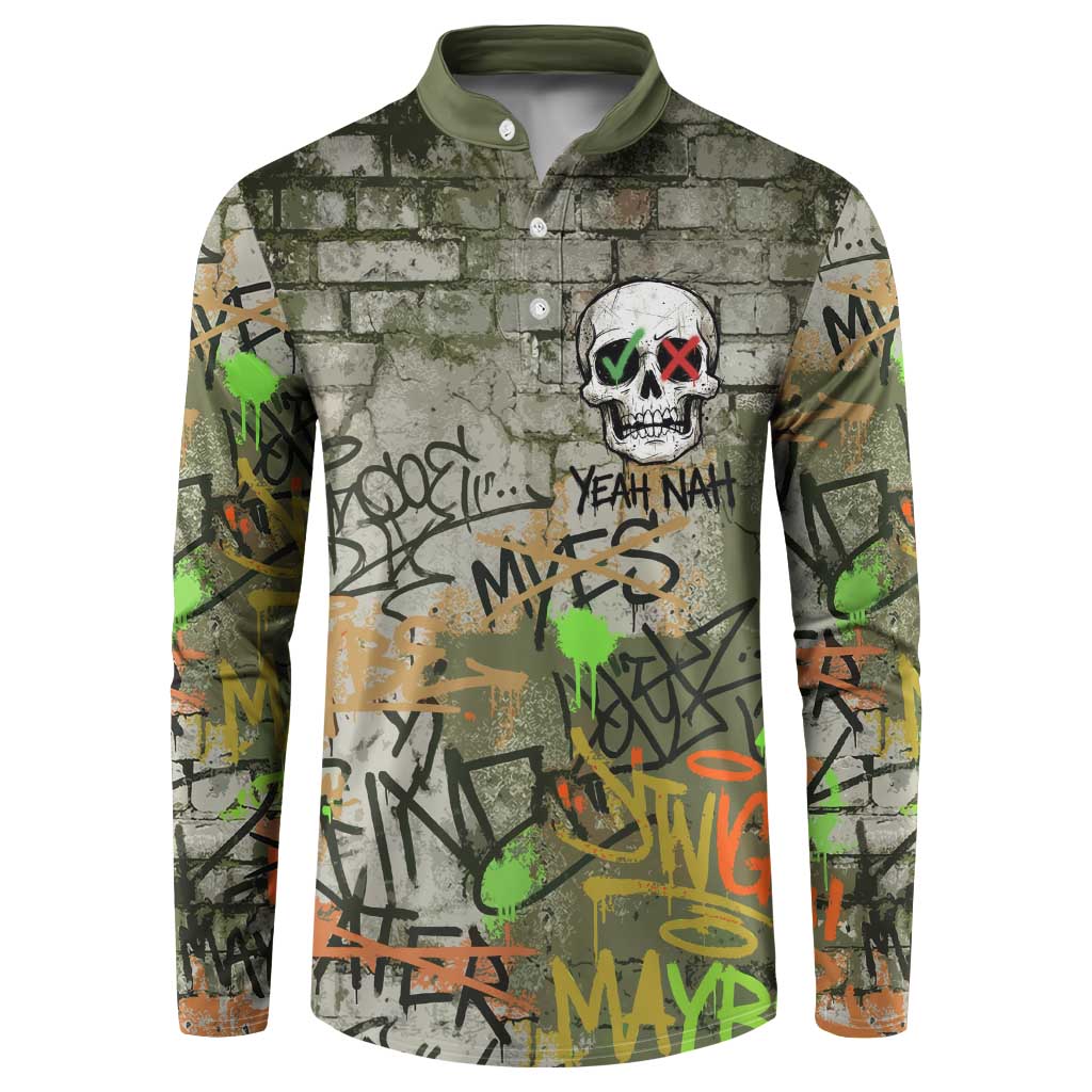 Yeah Nah Graffiti Skull New Zealand Slang Button Sweatshirt Kiwi Grunge Brick Wall and Bold Urban Street Art