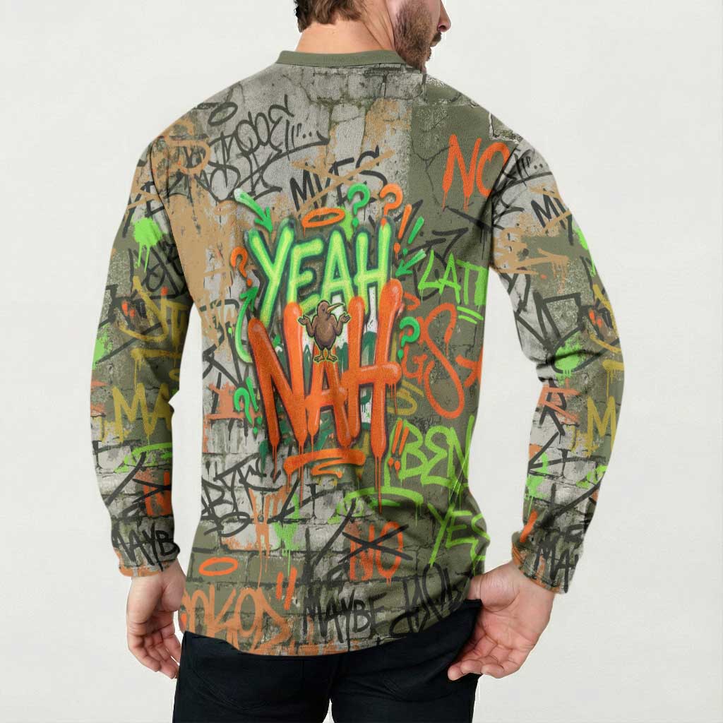 Yeah Nah Graffiti Skull New Zealand Slang Button Sweatshirt Kiwi Grunge Brick Wall and Bold Urban Street Art