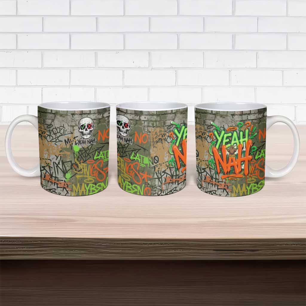Yeah Nah Graffiti Skull New Zealand Slang Ceramic Mug Kiwi Grunge Brick Wall and Bold Urban Street Art