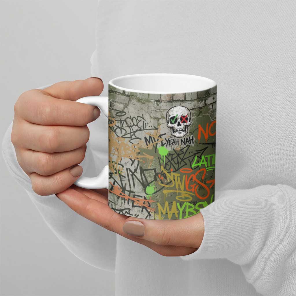 Yeah Nah Graffiti Skull New Zealand Slang Ceramic Mug Kiwi Grunge Brick Wall and Bold Urban Street Art