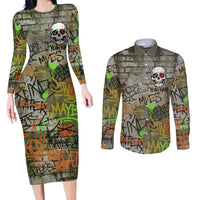 Yeah Nah Graffiti Skull New Zealand Slang Couples Matching Long Sleeve Bodycon Dress and Long Sleeve Button Shirt Kiwi Grunge Brick Wall and Bold Urban Street Art TS04 Multicolor - Polynesian Pride
