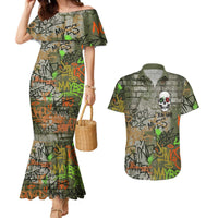 Yeah Nah Graffiti Skull New Zealand Slang Couples Matching Mermaid Dress and Hawaiian Shirt Kiwi Grunge Brick Wall and Bold Urban Street Art TS04 Multicolor - Polynesian Pride