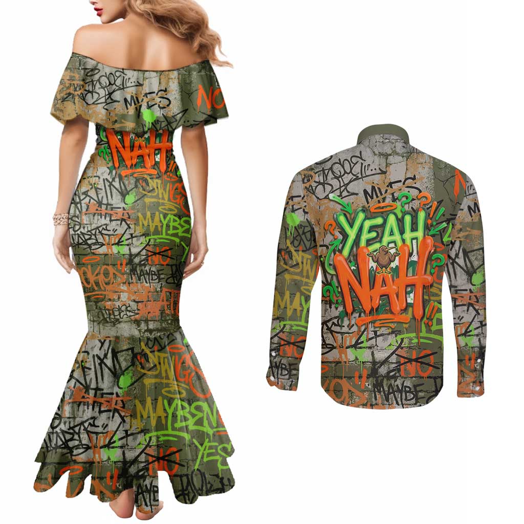 Yeah Nah Graffiti Skull New Zealand Slang Couples Matching Mermaid Dress and Long Sleeve Button Shirt Kiwi Grunge Brick Wall and Bold Urban Street Art TS04 - Polynesian Pride