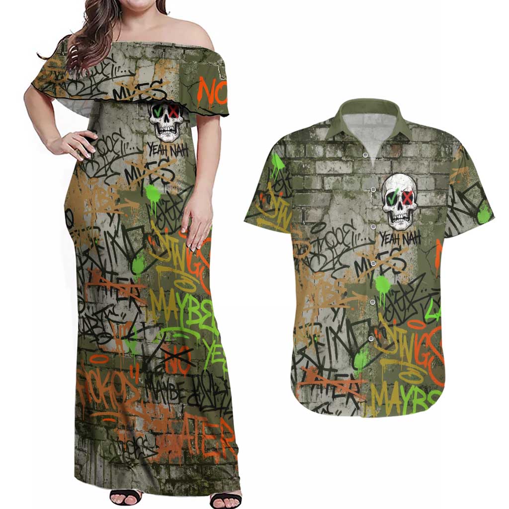 Yeah Nah Graffiti Skull New Zealand Slang Couples Matching Off Shoulder Maxi Dress and Hawaiian Shirt Kiwi Grunge Brick Wall and Bold Urban Street Art TS04 Multicolor - Polynesian Pride
