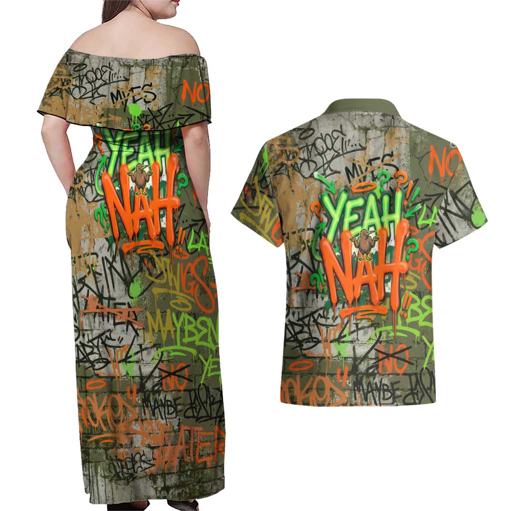 Yeah Nah Graffiti Skull New Zealand Slang Couples Matching Off Shoulder Maxi Dress and Hawaiian Shirt Kiwi Grunge Brick Wall and Bold Urban Street Art TS04 - Polynesian Pride
