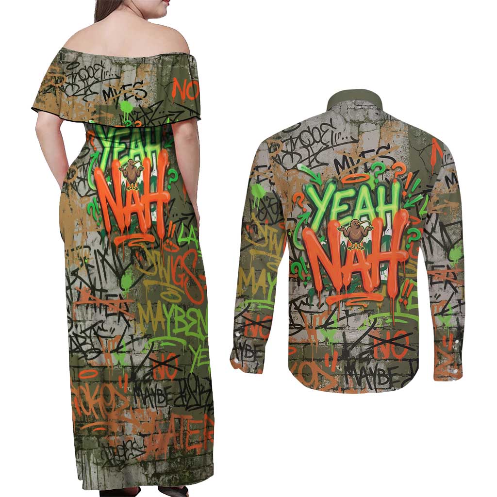 Yeah Nah Graffiti Skull New Zealand Slang Couples Matching Off Shoulder Maxi Dress and Long Sleeve Button Shirt Kiwi Grunge Brick Wall and Bold Urban Street Art TS04 - Polynesian Pride