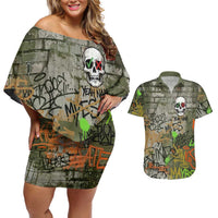 Yeah Nah Graffiti Skull New Zealand Slang Couples Matching Off Shoulder Short Dress and Hawaiian Shirt Kiwi Grunge Brick Wall and Bold Urban Street Art TS04 Multicolor - Polynesian Pride