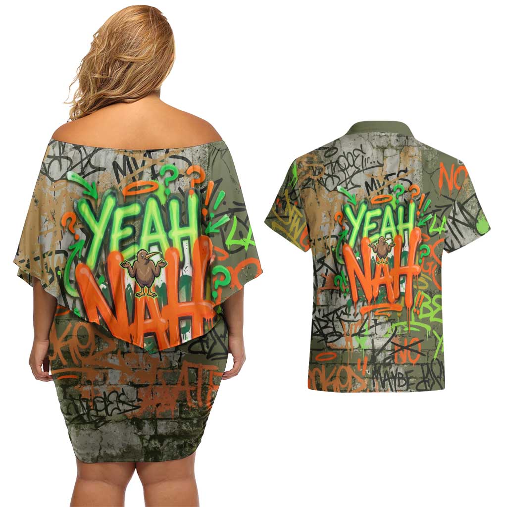 Yeah Nah Graffiti Skull New Zealand Slang Couples Matching Off Shoulder Short Dress and Hawaiian Shirt Kiwi Grunge Brick Wall and Bold Urban Street Art TS04 - Polynesian Pride