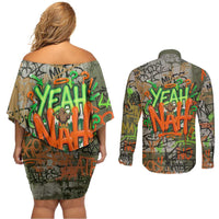Yeah Nah Graffiti Skull New Zealand Slang Couples Matching Off Shoulder Short Dress and Long Sleeve Button Shirt Kiwi Grunge Brick Wall and Bold Urban Street Art TS04 - Polynesian Pride