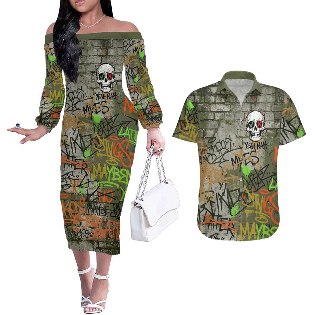 Yeah Nah Graffiti Skull New Zealand Slang Couples Matching Off The Shoulder Long Sleeve Dress and Hawaiian Shirt Kiwi Grunge Brick Wall and Bold Urban Street Art TS04 Multicolor - Polynesian Pride