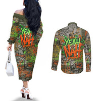 Yeah Nah Graffiti Skull New Zealand Slang Couples Matching Off The Shoulder Long Sleeve Dress and Long Sleeve Button Shirt Kiwi Grunge Brick Wall and Bold Urban Street Art TS04 - Polynesian Pride