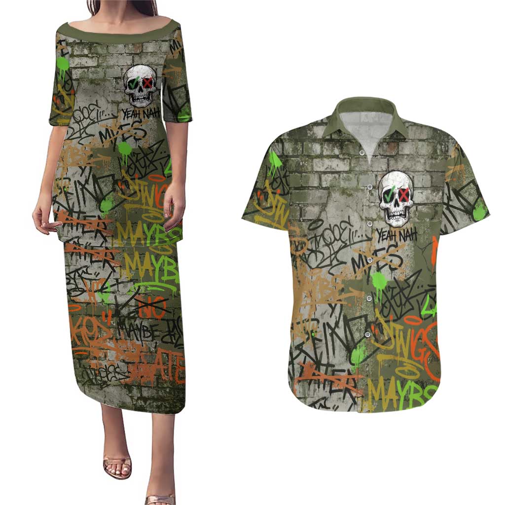 Yeah Nah Graffiti Skull New Zealand Slang Couples Matching Puletasi and Hawaiian Shirt Kiwi Grunge Brick Wall and Bold Urban Street Art TS04 Multicolor - Polynesian Pride