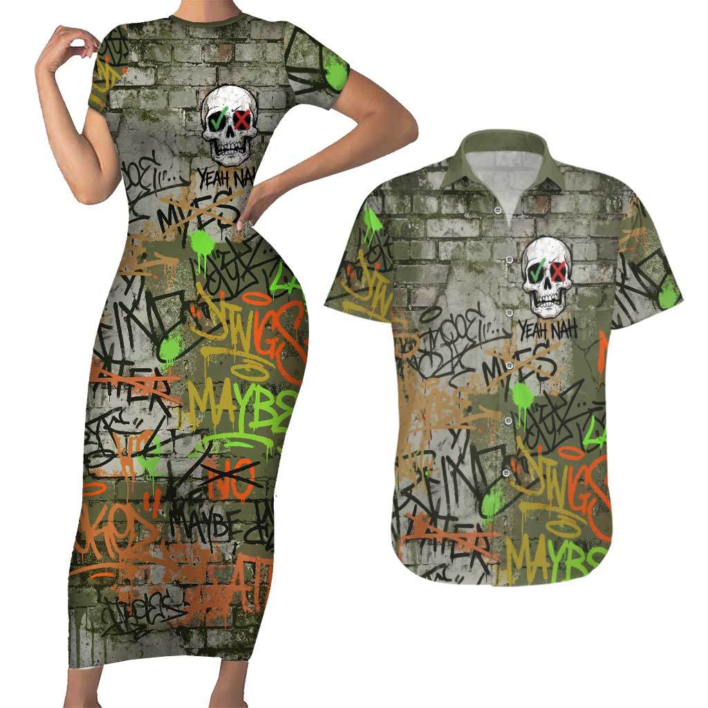 Yeah Nah Graffiti Skull New Zealand Slang Couples Matching Short Sleeve Bodycon Dress and Hawaiian Shirt Kiwi Grunge Brick Wall and Bold Urban Street Art