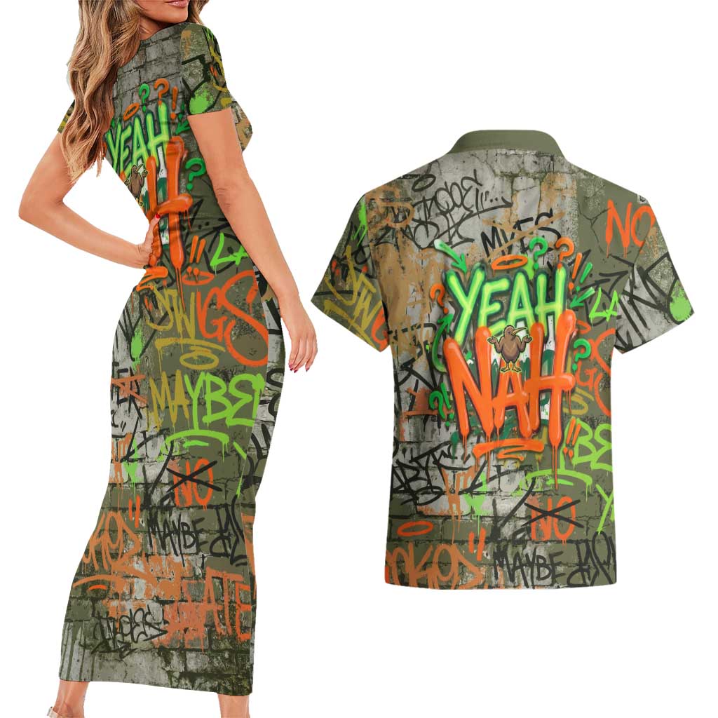 Yeah Nah Graffiti Skull New Zealand Slang Couples Matching Short Sleeve Bodycon Dress and Hawaiian Shirt Kiwi Grunge Brick Wall and Bold Urban Street Art TS04 - Polynesian Pride