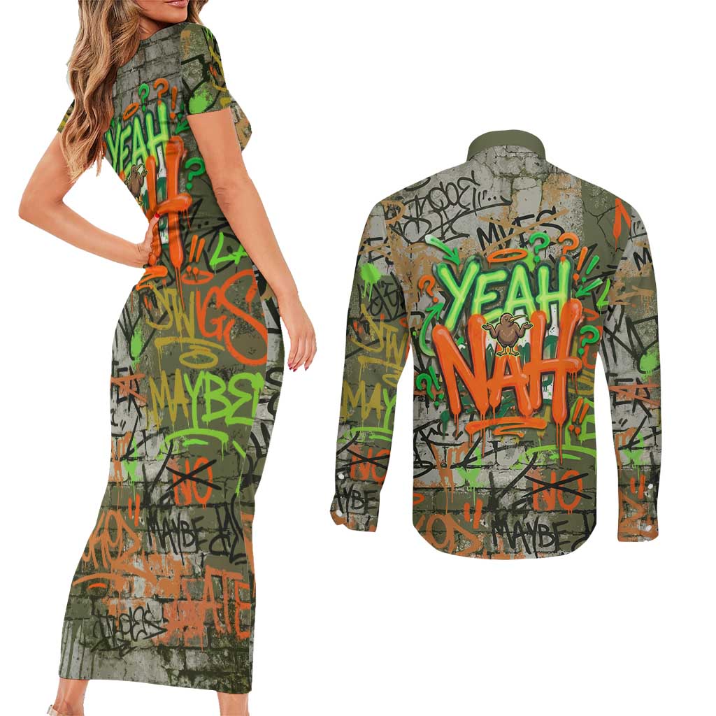 Yeah Nah Graffiti Skull New Zealand Slang Couples Matching Short Sleeve Bodycon Dress and Long Sleeve Button Shirt Kiwi Grunge Brick Wall and Bold Urban Street Art TS04 - Polynesian Pride