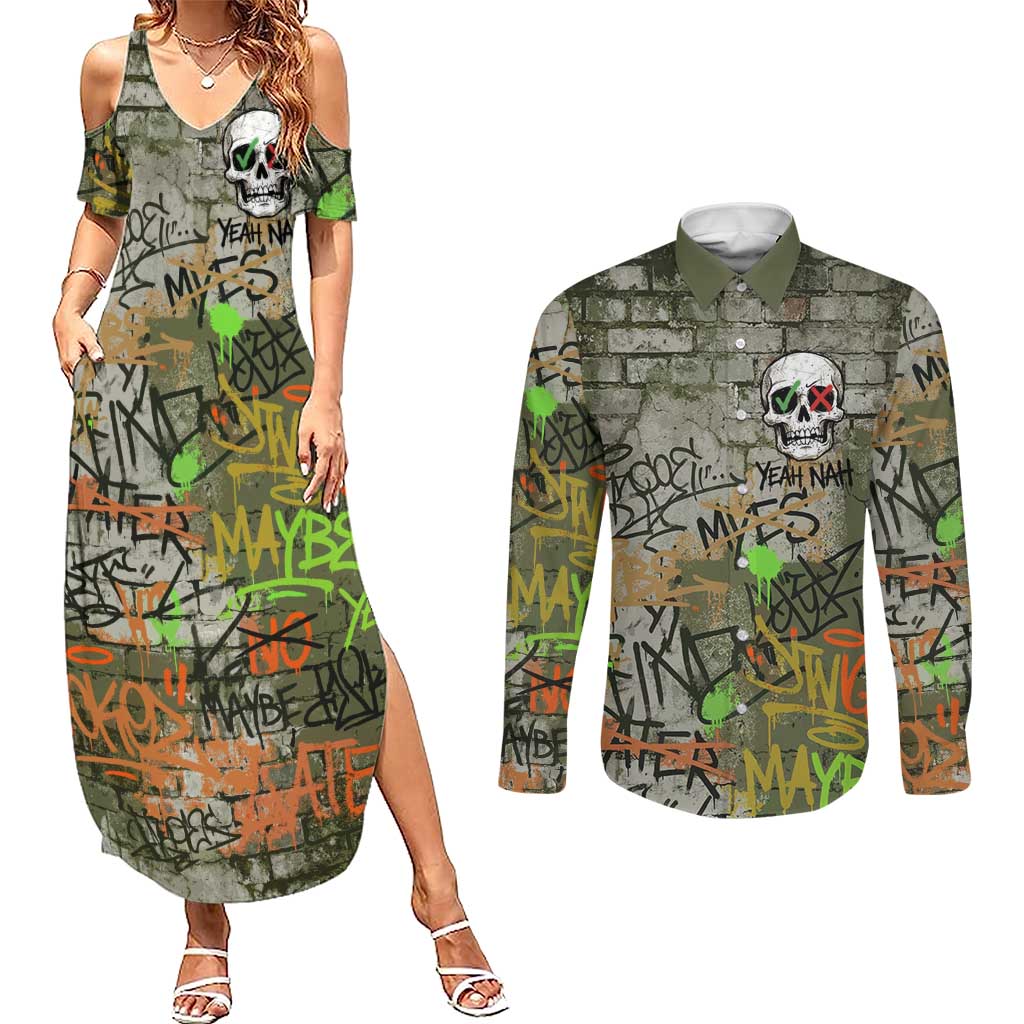 Yeah Nah Graffiti Skull New Zealand Slang Couples Matching Summer Maxi Dress and Long Sleeve Button Shirt Kiwi Grunge Brick Wall and Bold Urban Street Art