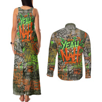 Yeah Nah Graffiti Skull New Zealand Slang Couples Matching Tank Maxi Dress and Long Sleeve Button Shirt Kiwi Grunge Brick Wall and Bold Urban Street Art TS04 - Polynesian Pride