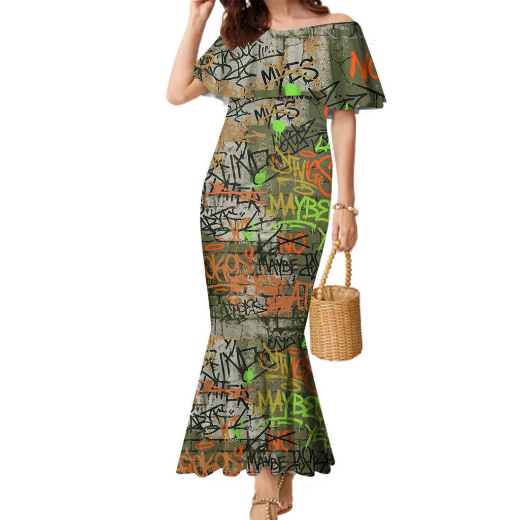 Yeah Nah Graffiti Skull New Zealand Slang Family Matching Mermaid Dress and Hawaiian Shirt Kiwi Grunge Brick Wall and Bold Urban Street Art TS04 Mom's Dress Multicolor - Polynesian Pride