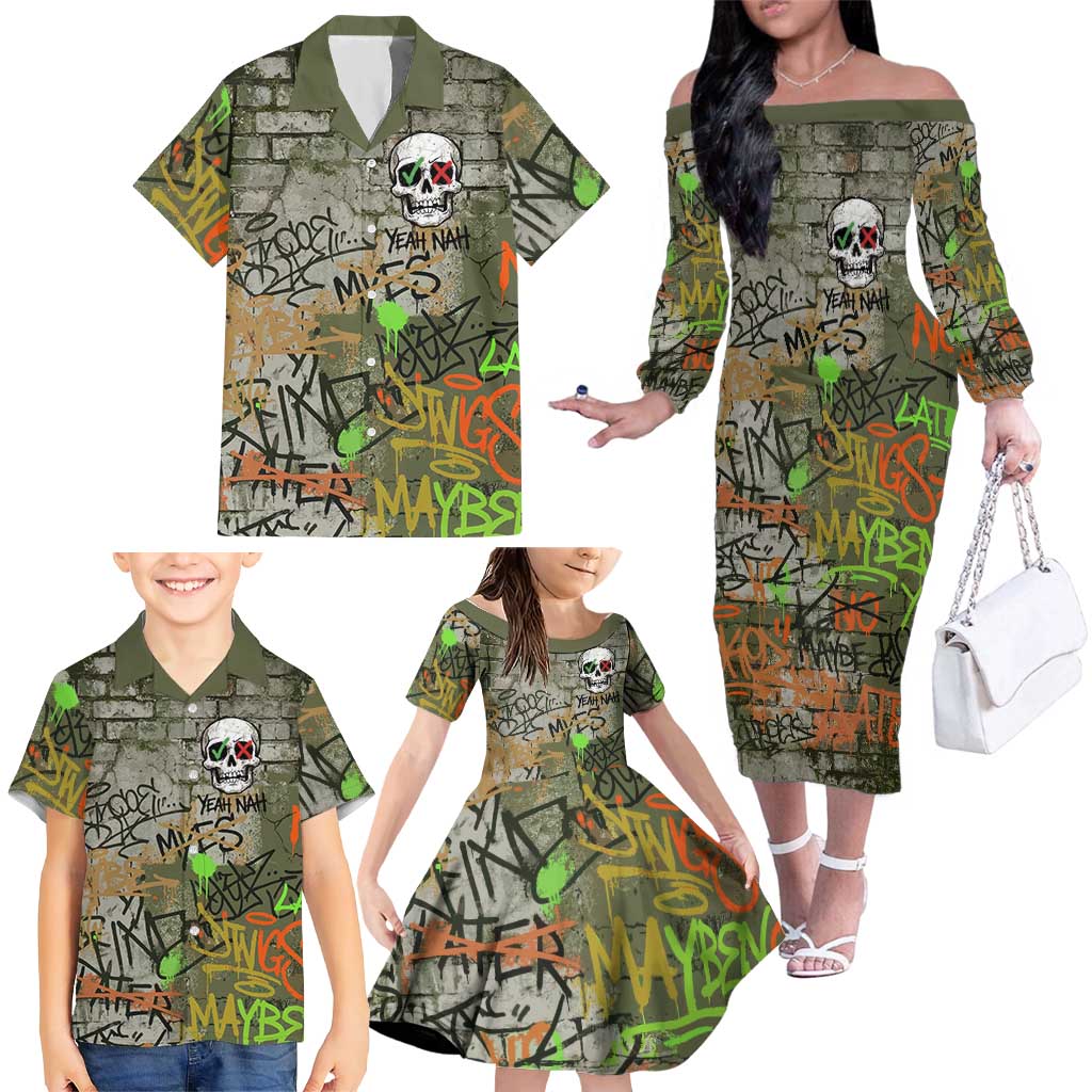 Yeah Nah Graffiti Skull New Zealand Slang Family Matching Off The Shoulder Long Sleeve Dress and Hawaiian Shirt Kiwi Grunge Brick Wall and Bold Urban Street Art