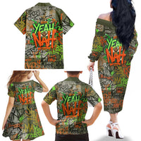 Yeah Nah Graffiti Skull New Zealand Slang Family Matching Off The Shoulder Long Sleeve Dress and Hawaiian Shirt Kiwi Grunge Brick Wall and Bold Urban Street Art TS04 - Polynesian Pride