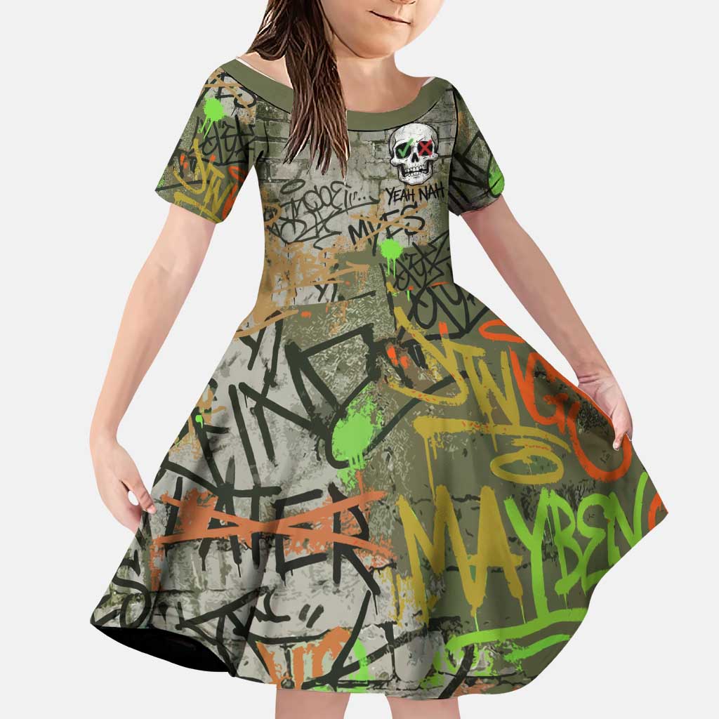 Yeah Nah Graffiti Skull New Zealand Slang Family Matching Off Shoulder Maxi Dress and Hawaiian Shirt Kiwi Grunge Brick Wall and Bold Urban Street Art TS04 Daughter's Dress Multicolor - Polynesian Pride