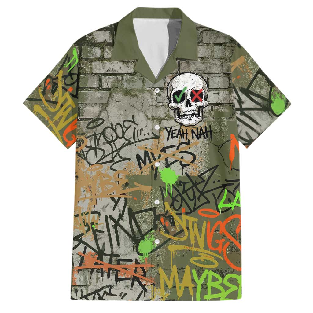 Yeah Nah Graffiti Skull New Zealand Slang Family Matching Off Shoulder Maxi Dress and Hawaiian Shirt Kiwi Grunge Brick Wall and Bold Urban Street Art TS04 Dad's Shirt - Short Sleeve Multicolor - Polynesian Pride