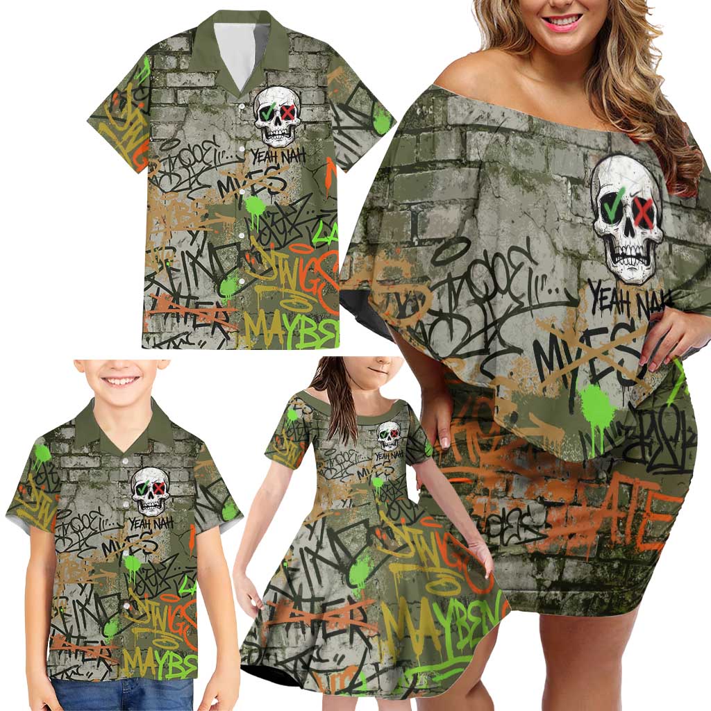 Yeah Nah Graffiti Skull New Zealand Slang Family Matching Off Shoulder Short Dress and Hawaiian Shirt Kiwi Grunge Brick Wall and Bold Urban Street Art