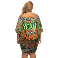 Yeah Nah Graffiti Skull New Zealand Slang Family Matching Off Shoulder Short Dress and Hawaiian Shirt Kiwi Grunge Brick Wall and Bold Urban Street Art TS04 - Polynesian Pride