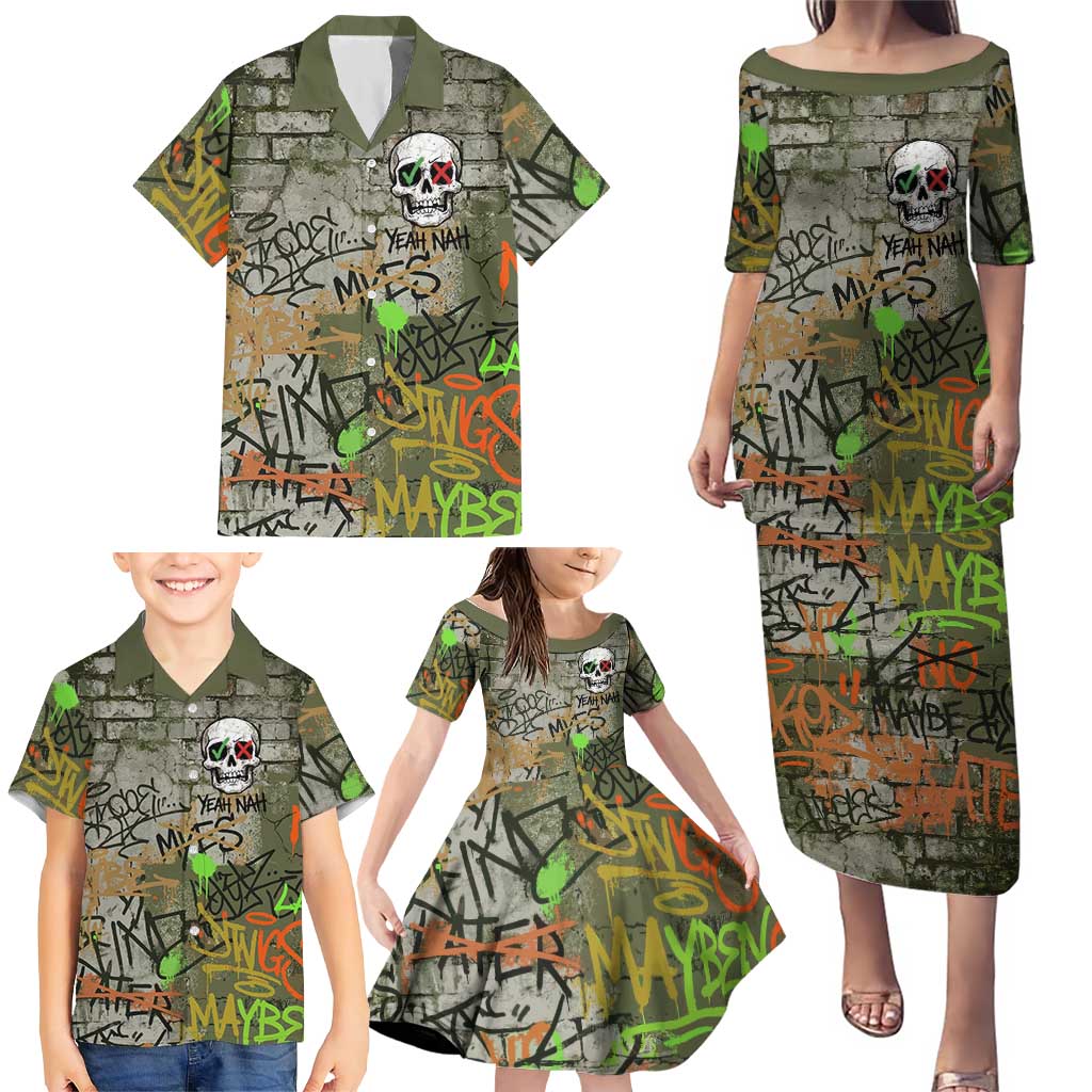 Yeah Nah Graffiti Skull New Zealand Slang Family Matching Puletasi and Hawaiian Shirt Kiwi Grunge Brick Wall and Bold Urban Street Art