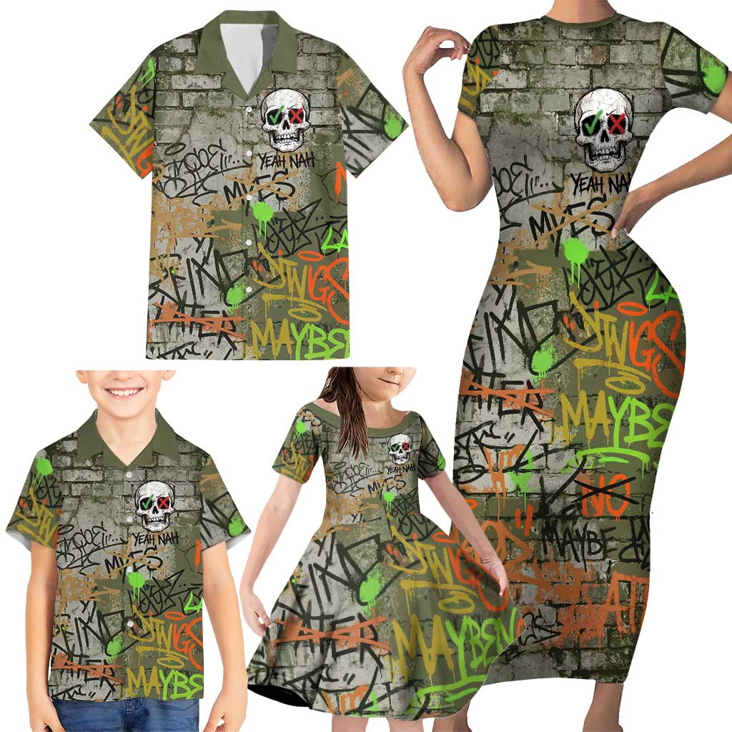 Yeah Nah Graffiti Skull New Zealand Slang Family Matching Short Sleeve Bodycon Dress and Hawaiian Shirt Kiwi Grunge Brick Wall and Bold Urban Street Art