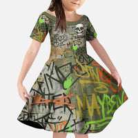 Yeah Nah Graffiti Skull New Zealand Slang Family Matching Summer Maxi Dress and Hawaiian Shirt Kiwi Grunge Brick Wall and Bold Urban Street Art TS04 Daughter's Dress Multicolor - Polynesian Pride