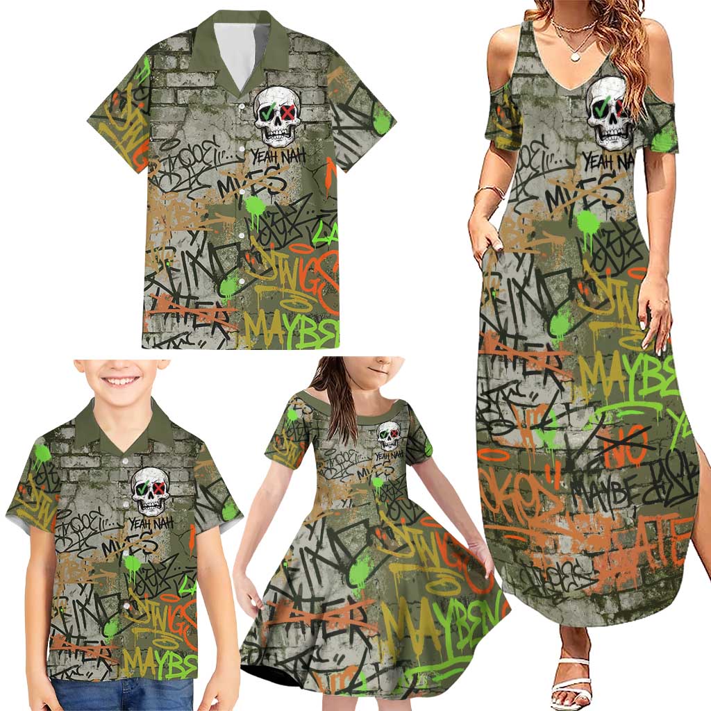 Yeah Nah Graffiti Skull New Zealand Slang Family Matching Summer Maxi Dress and Hawaiian Shirt Kiwi Grunge Brick Wall and Bold Urban Street Art TS04 - Polynesian Pride
