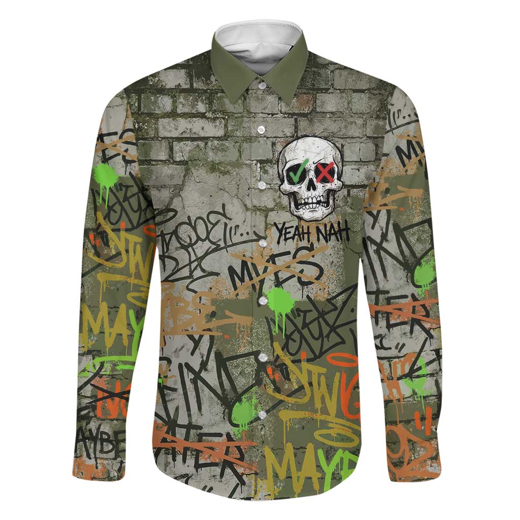 Yeah Nah Graffiti Skull New Zealand Slang Family Matching Summer Maxi Dress and Hawaiian Shirt Kiwi Grunge Brick Wall and Bold Urban Street Art TS04 Dad's Shirt - Long Sleeve Multicolor - Polynesian Pride