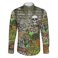 Yeah Nah Graffiti Skull New Zealand Slang Family Matching Tank Maxi Dress and Hawaiian Shirt Kiwi Grunge Brick Wall and Bold Urban Street Art TS04 Dad's Shirt - Long Sleeve Multicolor - Polynesian Pride