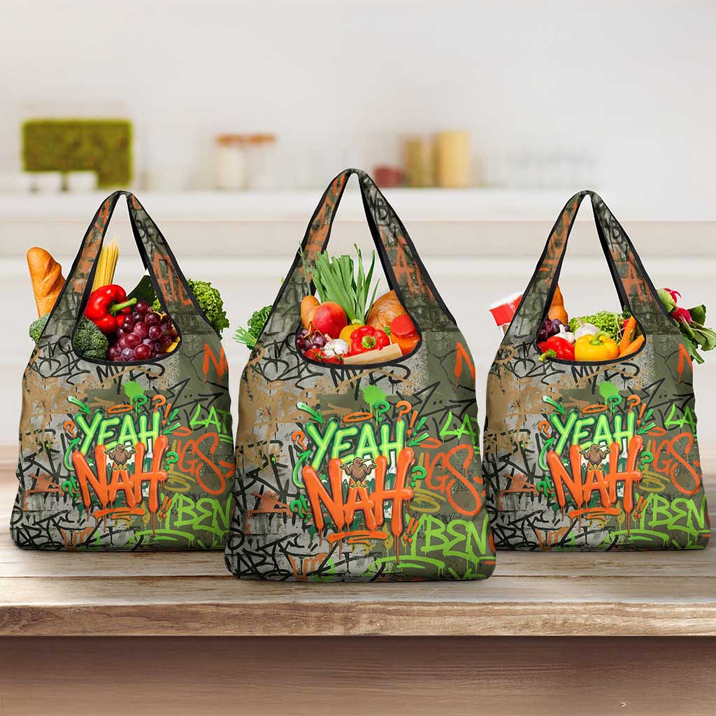 Yeah Nah Graffiti Skull New Zealand Slang Grocery Bag Kiwi Grunge Brick Wall and Bold Urban Street Art TS04 3-pack One Size Multicolor - Polynesian Pride