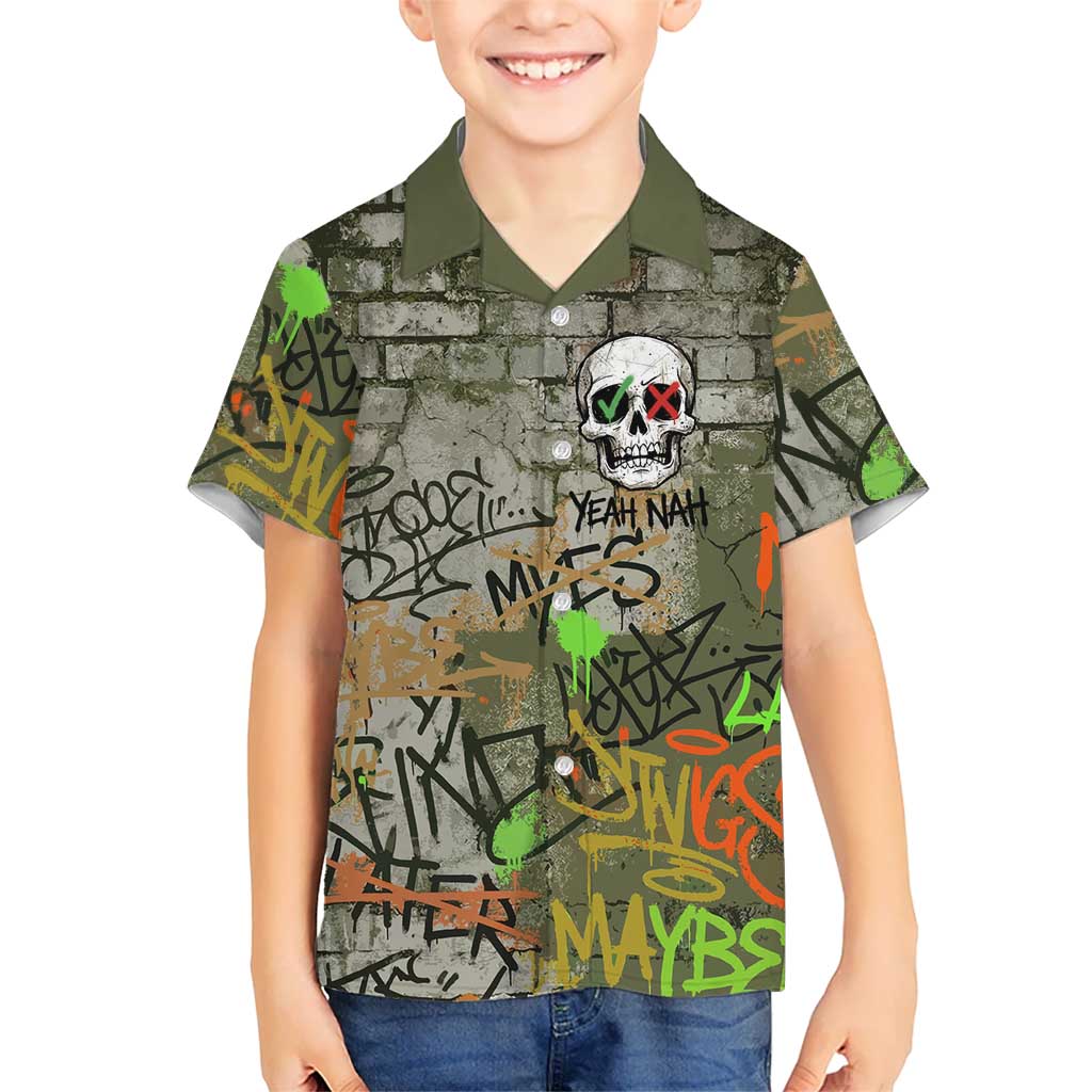 Yeah Nah Graffiti Skull New Zealand Slang Kid Hawaiian Shirt Kiwi Grunge Brick Wall and Bold Urban Street Art TS04 Kid Multicolor - Polynesian Pride