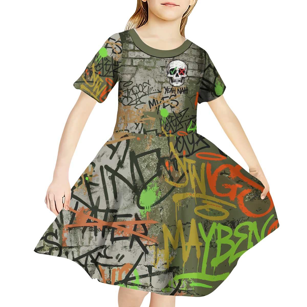 Yeah Nah Graffiti Skull New Zealand Slang Kid Short Sleeve Dress Kiwi Grunge Brick Wall and Bold Urban Street Art TS04 - Polynesian Pride