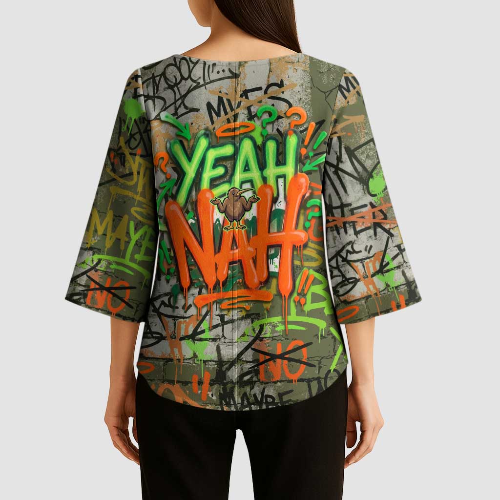 Yeah Nah Graffiti Skull New Zealand Slang Kimono Sleeve Blouse Kiwi Grunge Brick Wall and Bold Urban Street Art TS04 - Polynesian Pride