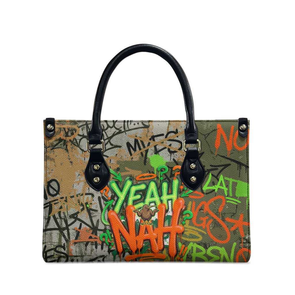 Yeah Nah Graffiti Skull New Zealand Slang Leather Bag Kiwi Grunge Brick Wall and Bold Urban Street Art