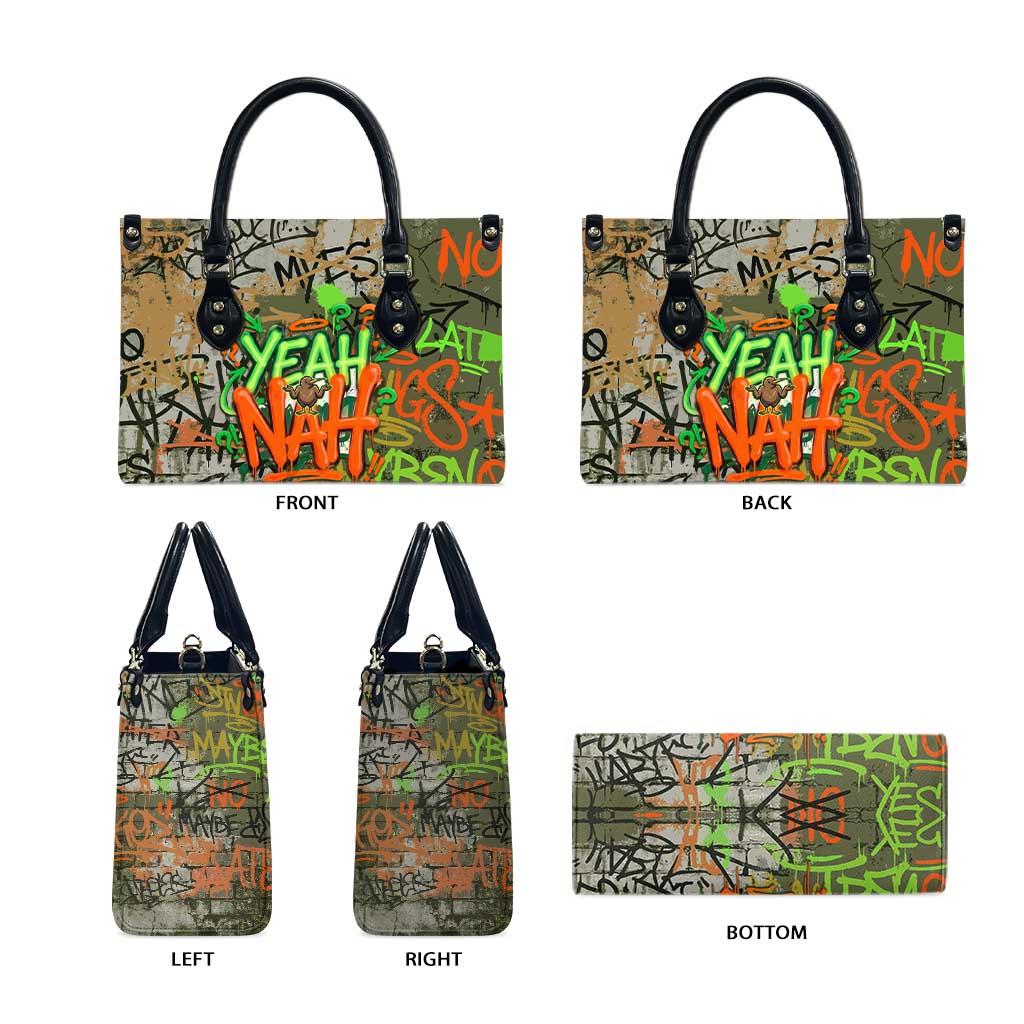 Yeah Nah Graffiti Skull New Zealand Slang Leather Bag Kiwi Grunge Brick Wall and Bold Urban Street Art