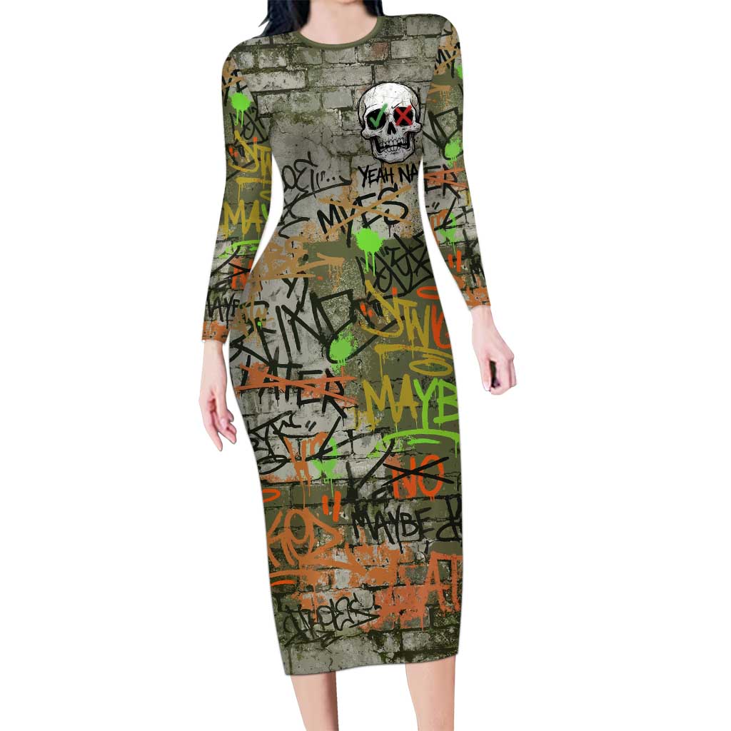 Yeah Nah Graffiti Skull New Zealand Slang Long Sleeve Bodycon Dress Kiwi Grunge Brick Wall and Bold Urban Street Art