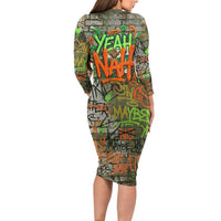 Yeah Nah Graffiti Skull New Zealand Slang Long Sleeve Bodycon Dress Kiwi Grunge Brick Wall and Bold Urban Street Art TS04 - Polynesian Pride
