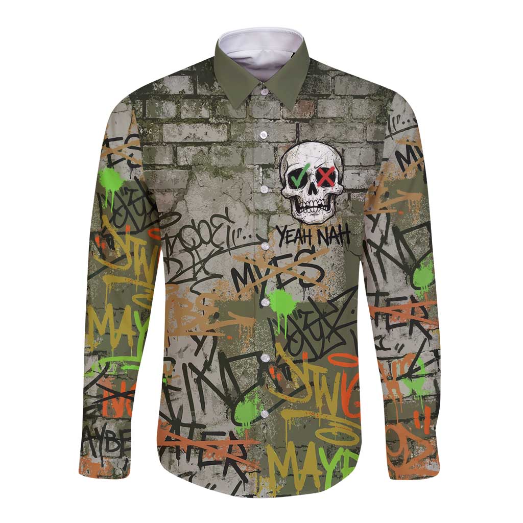 Yeah Nah Graffiti Skull New Zealand Slang Long Sleeve Button Shirt Kiwi Grunge Brick Wall and Bold Urban Street Art